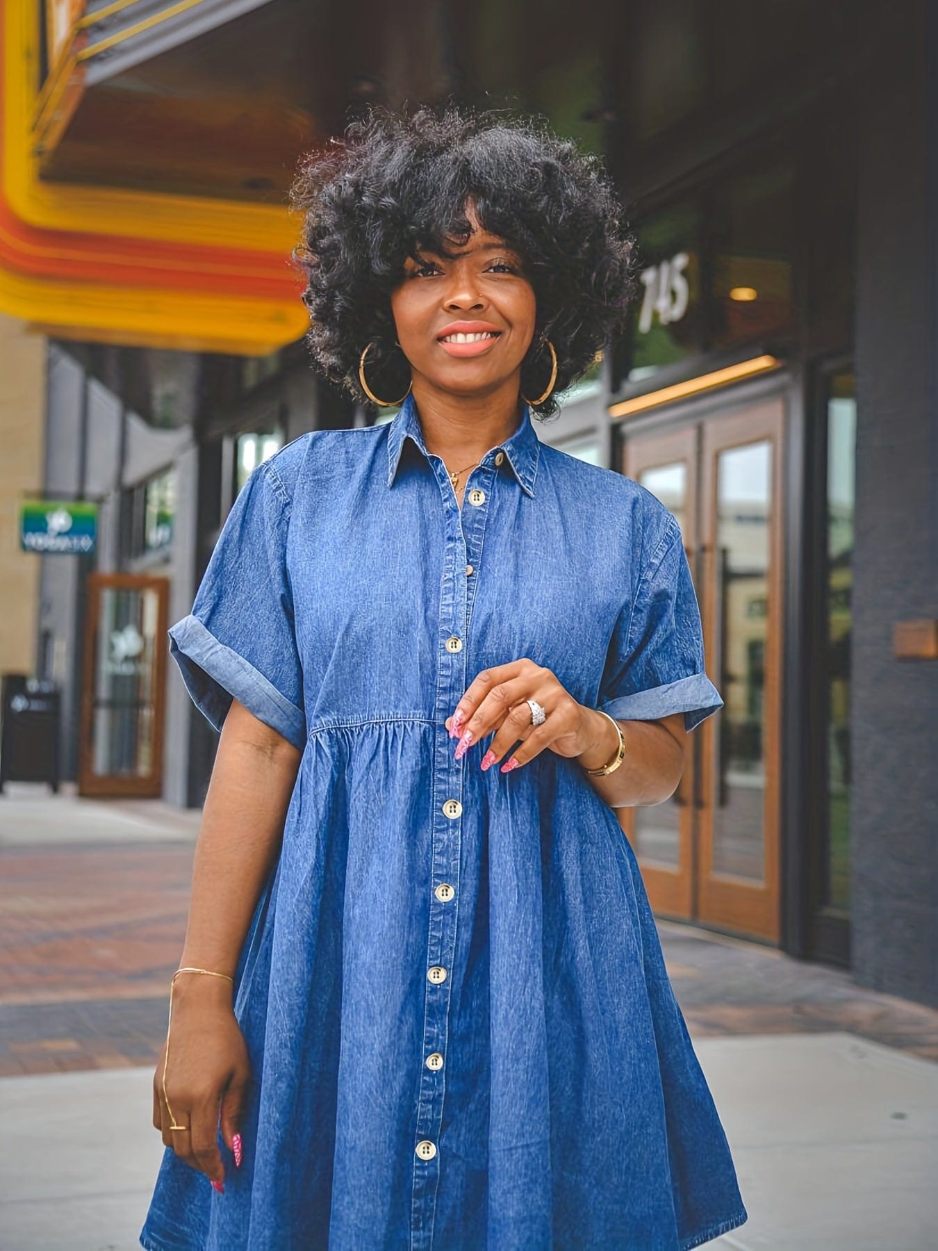 Rolled Sleeve Single-Breasted Lapel Button Causal Denim Mini Dress - Image 2