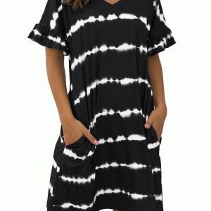 Fashionable Printed Loose Fit And Sweet Stitching Mini Dress - V-Neck - Circular Cap