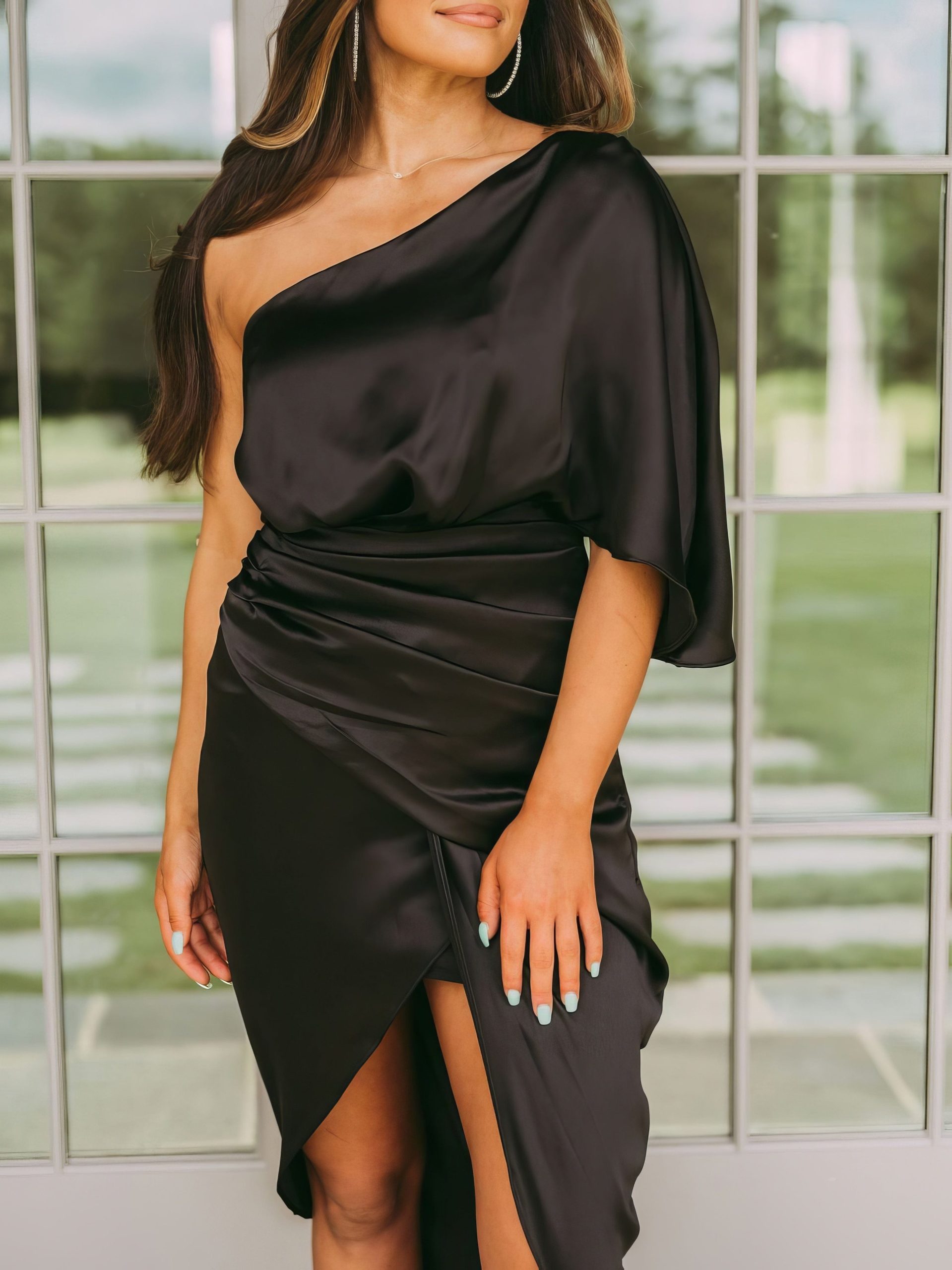 One-Shoulder Sleeve Irregular Slit Dress - Image 7