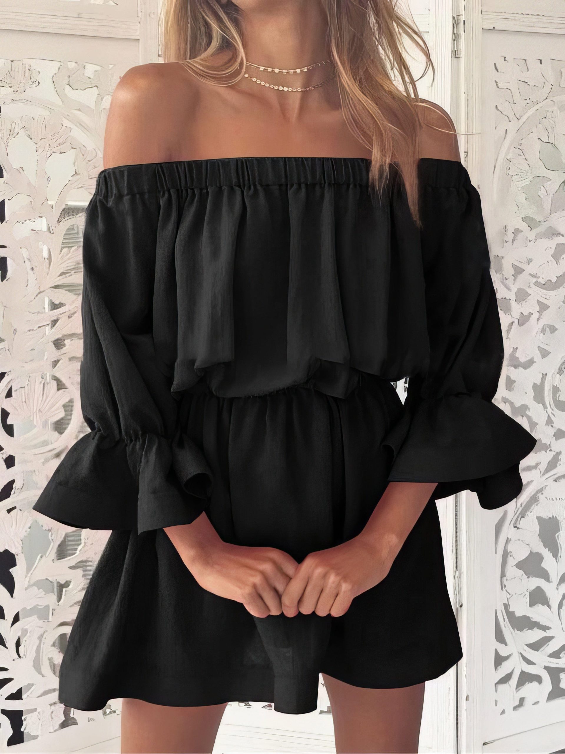 One shoulder Waisted Three-quarter Sleeve Dress - Image 2