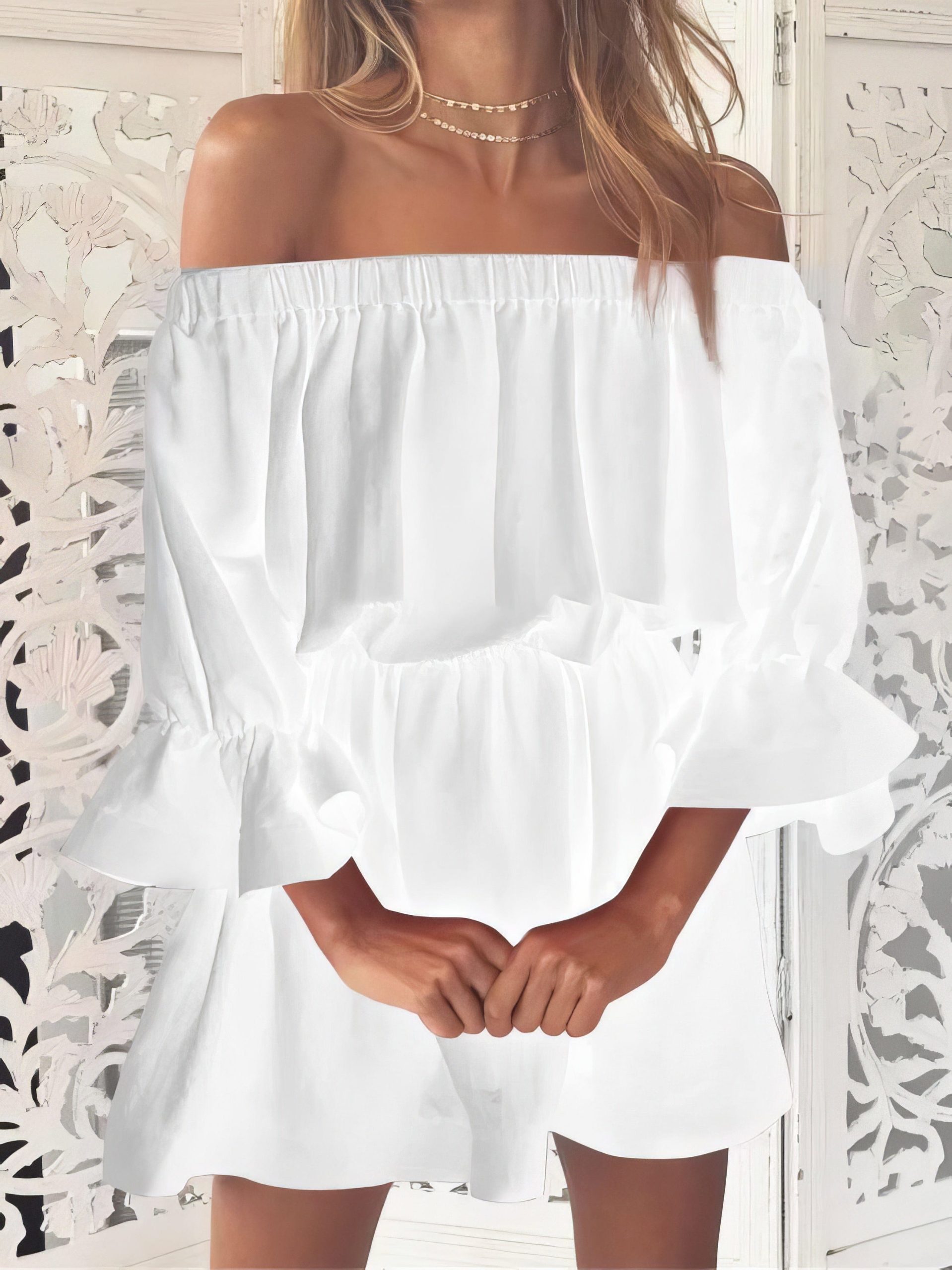 One shoulder Waisted Three-quarter Sleeve Dress - Image 16