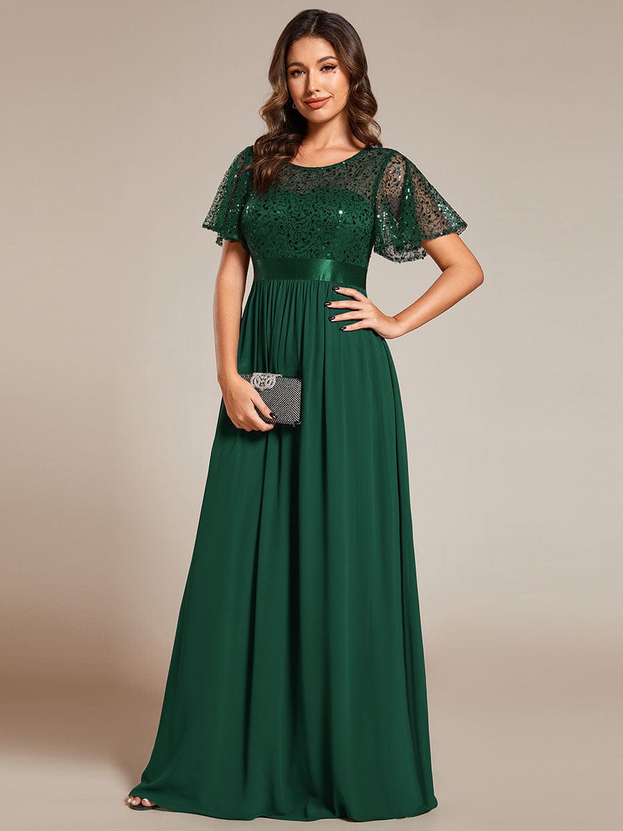 Elegant Sequin Embellished Chiffon Evening Gown with High Waist and Short Sleeves - Image 13
