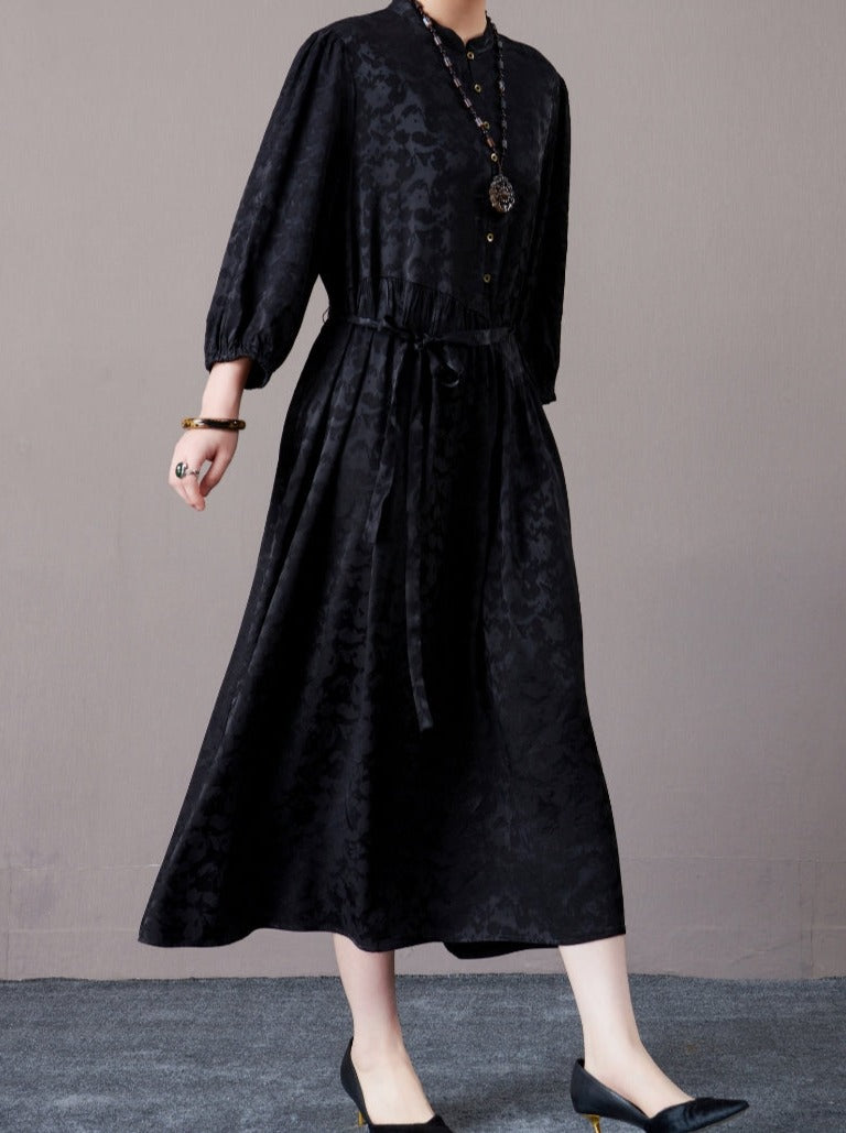 Black Floral Jacquard Midi Dress with Belt - Image 3
