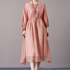 Romantic Blush Pink Floral Midi Dress with Drawstring Waist