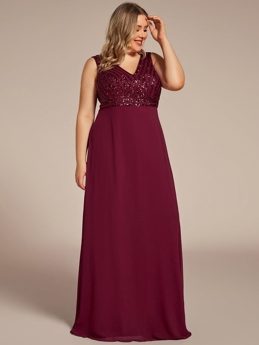 Sequin & Chiffon Plus-Sized Evening Gown without Sleeves with V-Neck - Image 3