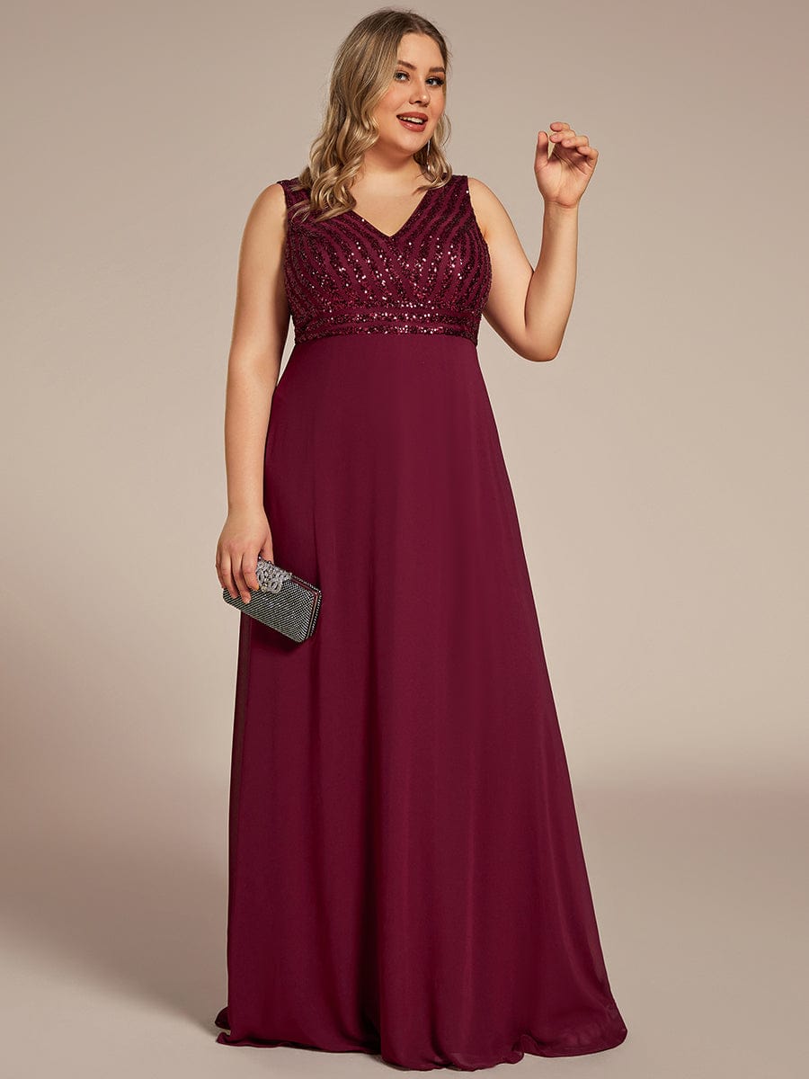 Sequin & Chiffon Plus-Sized Evening Gown without Sleeves with V-Neck - Image 5