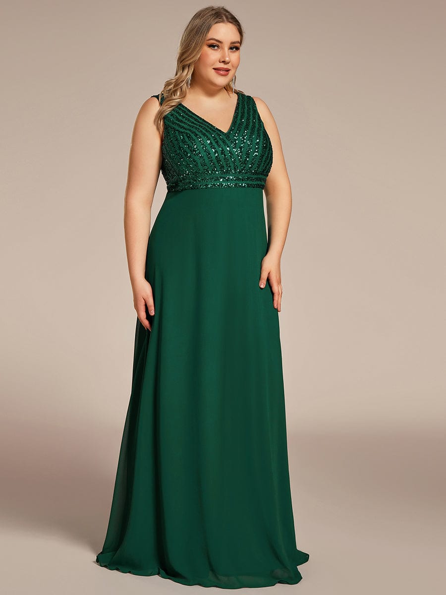 Sequin & Chiffon Plus-Sized Evening Gown without Sleeves with V-Neck - Image 8