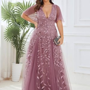 Sequin Embellished Deep V-Neck Plus Size Evening Dress