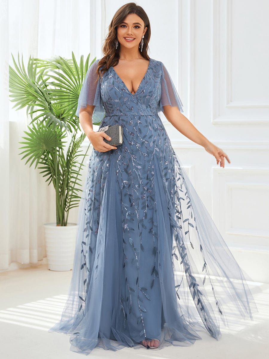 Sequin Embellished Deep V-Neck Plus Size Evening Dress - Image 6