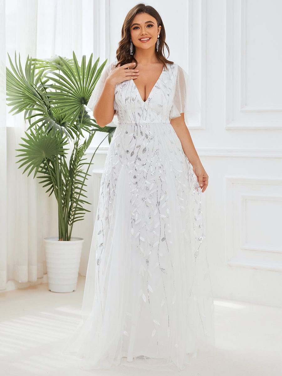 Sequin Embellished Deep V-Neck Plus Size Evening Dress - Image 26