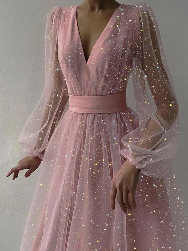 Sequined Mesh V-Neck Tuxedo Dress - Image 3