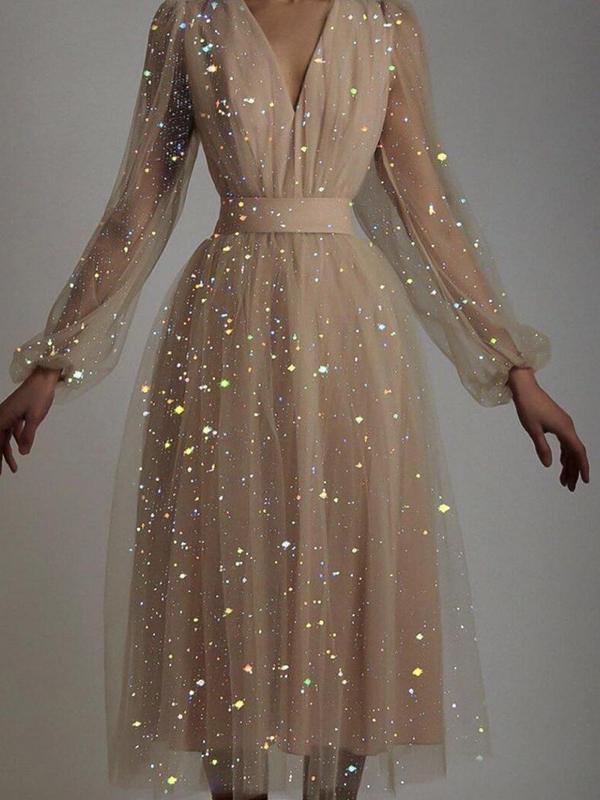 Sequined Mesh V-Neck Tuxedo Dress - Image 5