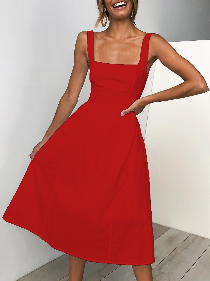 Simple Suspender Square Neck Backless Dress - Image 7