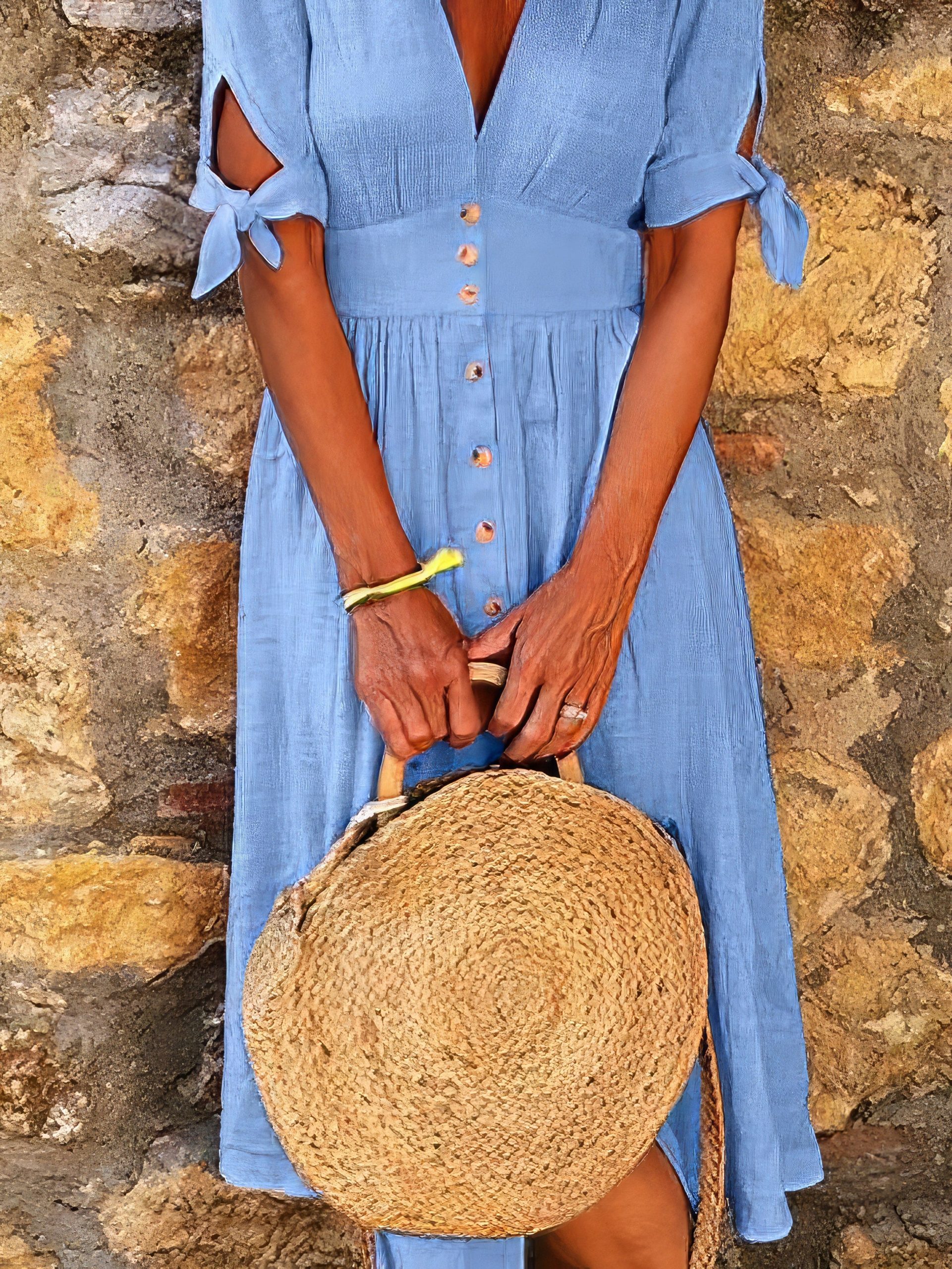 Solid Color V Neck Tie Half Sleeve Casual Dress - Image 18
