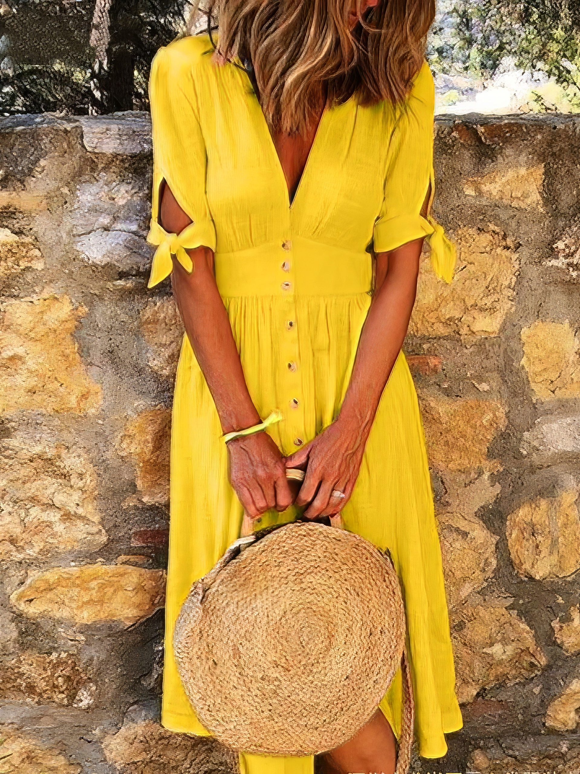 Solid Color V Neck Tie Half Sleeve Casual Dress - Image 2