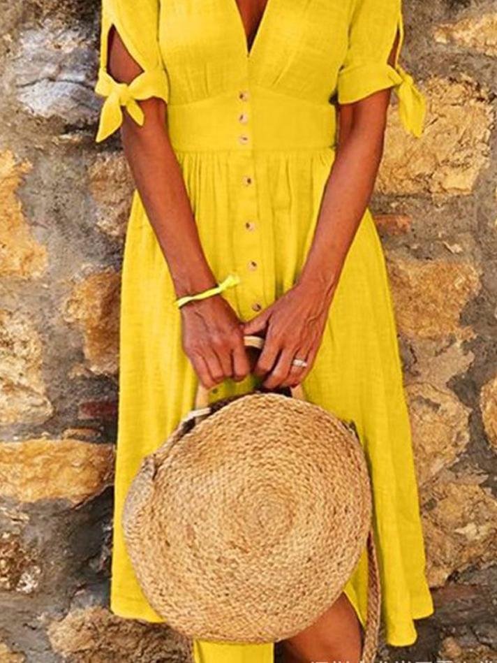 Solid Color V Neck Tie Half Sleeve Casual Dress - Image 48