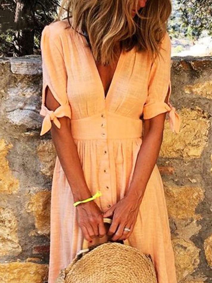 Solid Color V Neck Tie Half Sleeve Casual Dress - Image 50