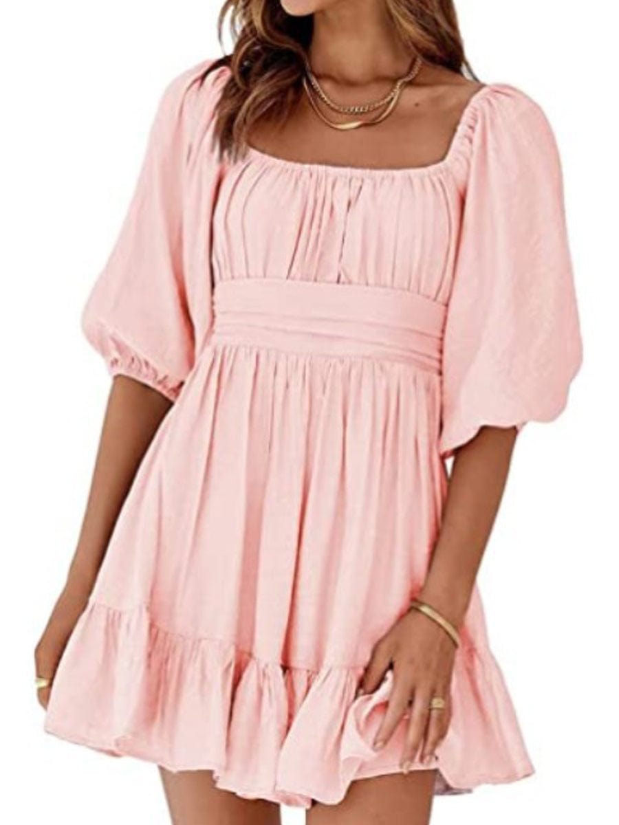 Square Neck Lantern Sleeve Tie Backless Ruffle A-Line Casual Mini Dress - Image 6
