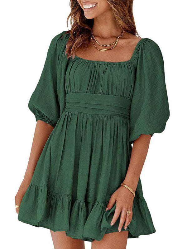 Square Neck Lantern Sleeve Tie Backless Ruffle A-Line Casual Mini Dress - Image 18