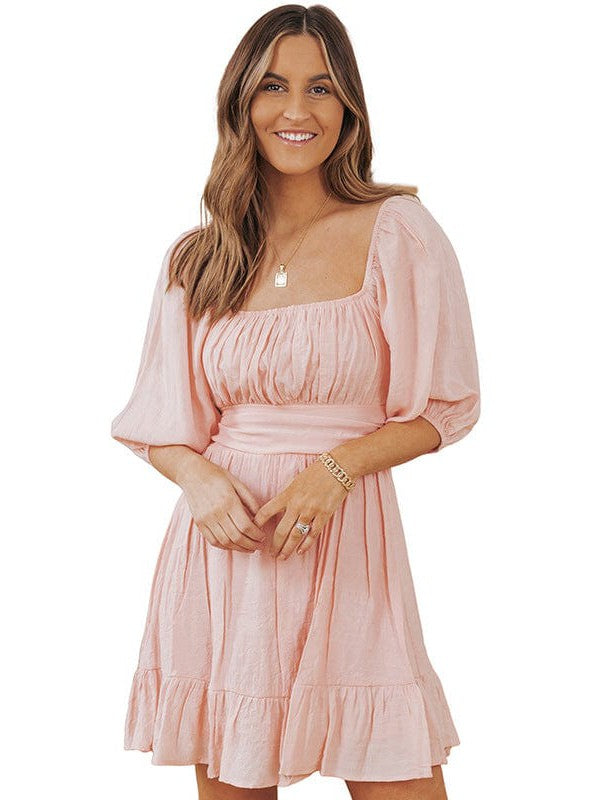 Square Neck Lantern Sleeve Tie Backless Ruffle A-Line Casual Mini Dress - Image 12