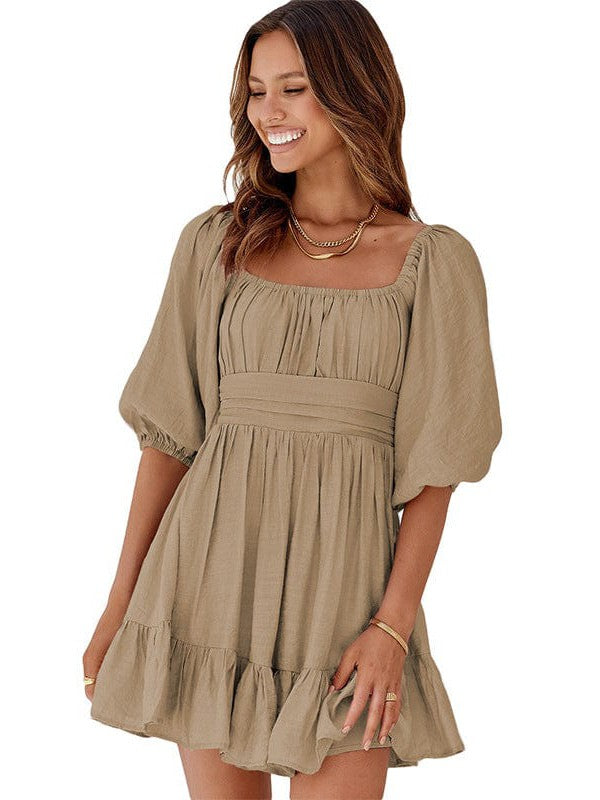 Square Neck Lantern Sleeve Tie Backless Ruffle A-Line Casual Mini Dress - Image 24