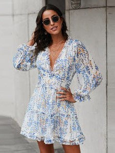 Square Neck Lantern Sleeve Tie Backless Ruffle A-Line Casual Mini Dress - Image 26