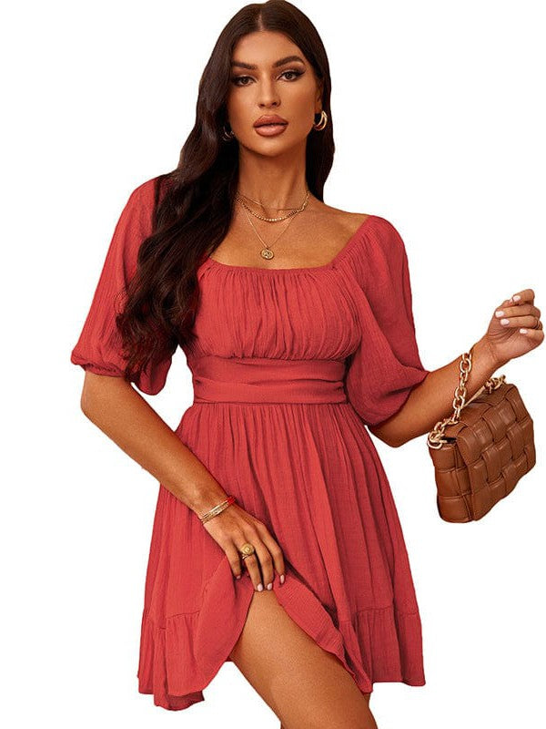 Square Neck Lantern Sleeve Tie Backless Ruffle A-Line Casual Mini Dress - Image 13