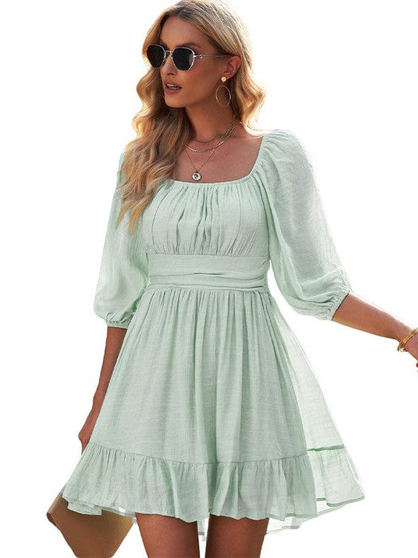 Square Neck Lantern Sleeve Tie Backless Ruffle A-Line Casual Mini Dress - Image 21