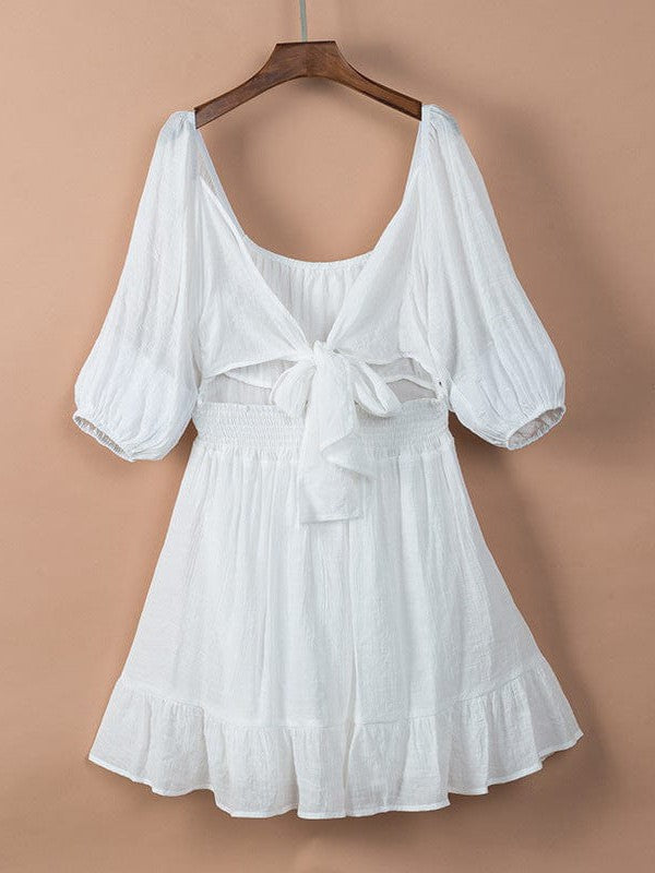 Square Neck Lantern Sleeve Tie Backless Ruffle A-Line Casual Mini Dress - Image 3