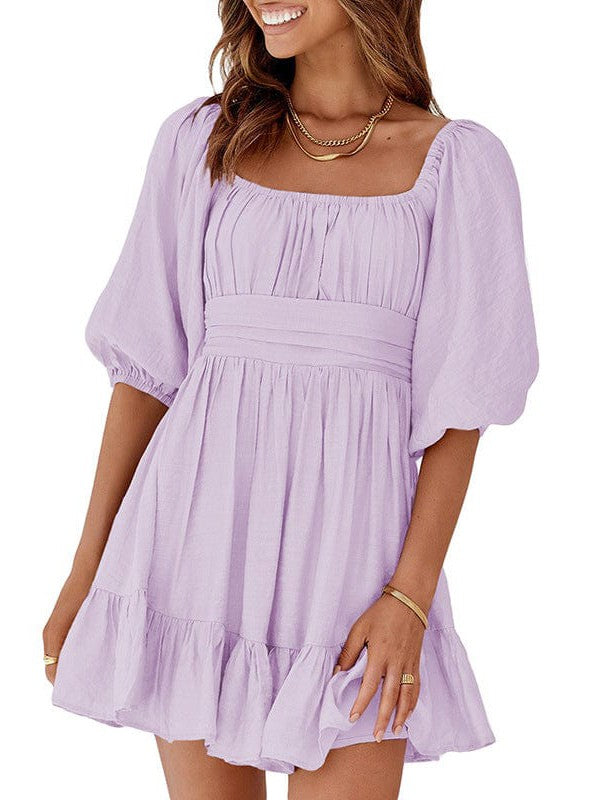 Square Neck Lantern Sleeve Tie Backless Ruffle A-Line Casual Mini Dress - Image 23