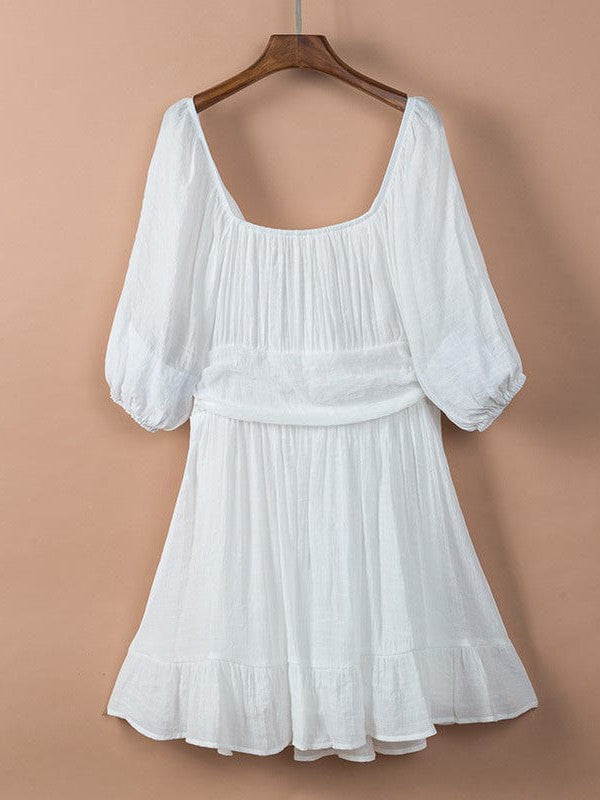 Square Neck Lantern Sleeve Tie Backless Ruffle A-Line Casual Mini Dress