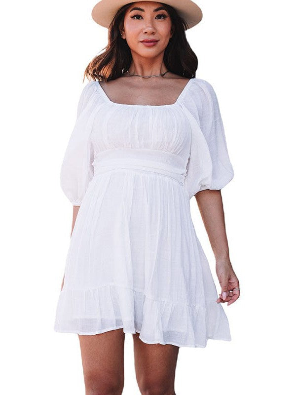 Square Neck Lantern Sleeve Tie Backless Ruffle A-Line Casual Mini Dress - Image 11