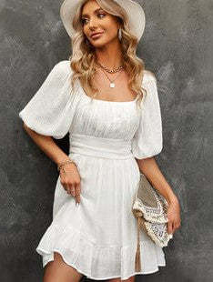 Square Neck Lantern Sleeve Tie Backless Ruffle A-Line Casual Mini Dress - Image 32