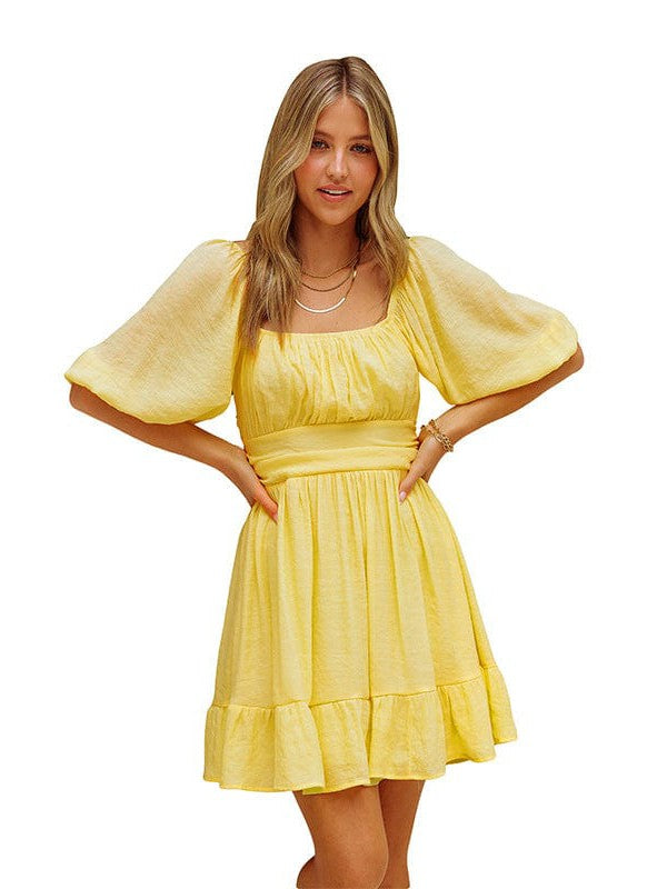 Square Neck Lantern Sleeve Tie Backless Ruffle A-Line Casual Mini Dress - Image 22