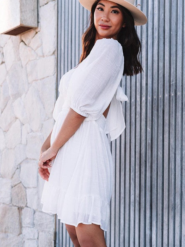 Square Neck Lantern Sleeve Tie Backless Ruffle A-Line Casual Mini Dress - Image 7