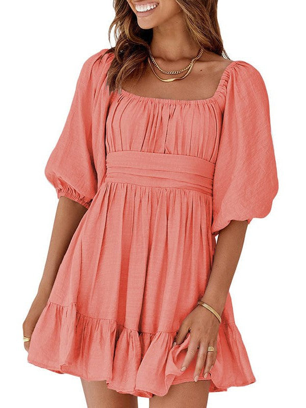 Square Neck Lantern Sleeve Tie Backless Ruffle A-Line Casual Mini Dress - Image 25
