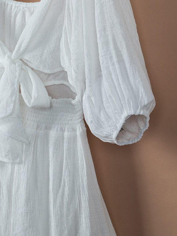 Square Neck Lantern Sleeve Tie Backless Ruffle A-Line Casual Mini Dress - Image 5