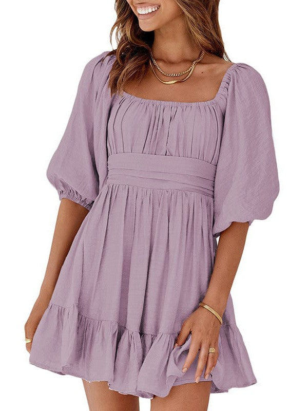Square Neck Lantern Sleeve Tie Backless Ruffle A-Line Casual Mini Dress - Image 16