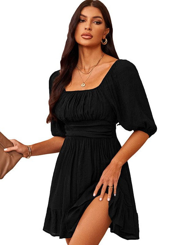 Square Neck Lantern Sleeve Tie Backless Ruffle A-Line Casual Mini Dress - Image 15