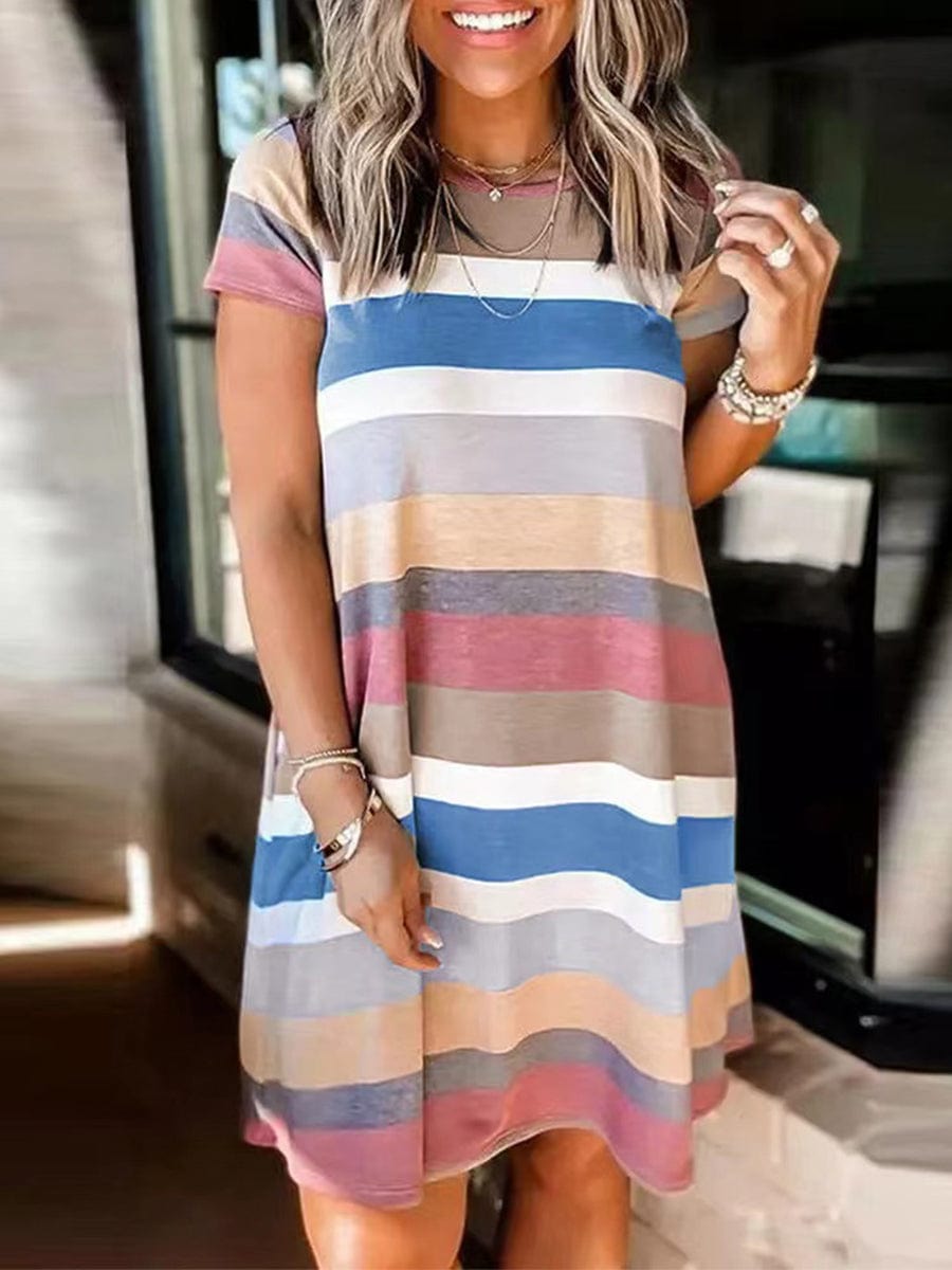 Stylish Striped Print Short Sleeve Mini Dress - Image 9