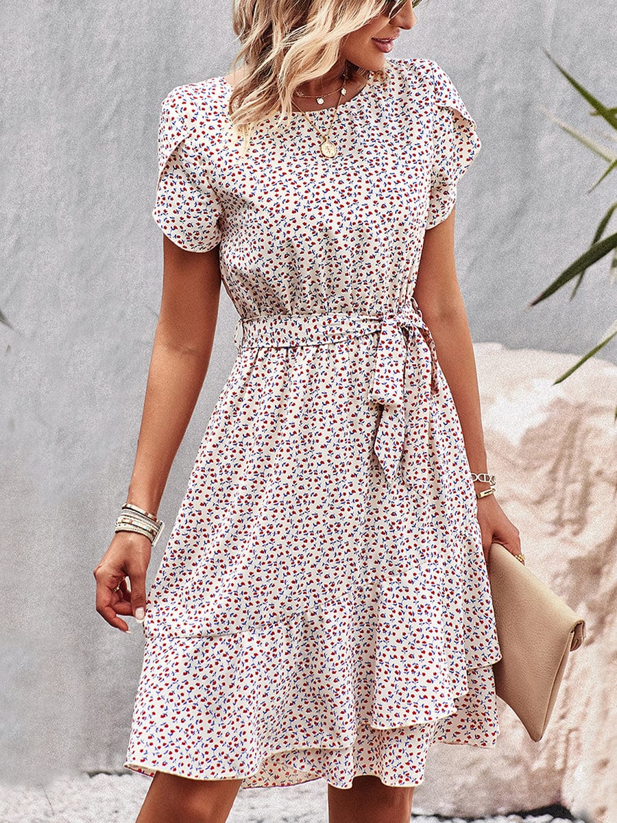 Temperament Floral Casual Strap Waist Round Neck Mini Dress - Image 52