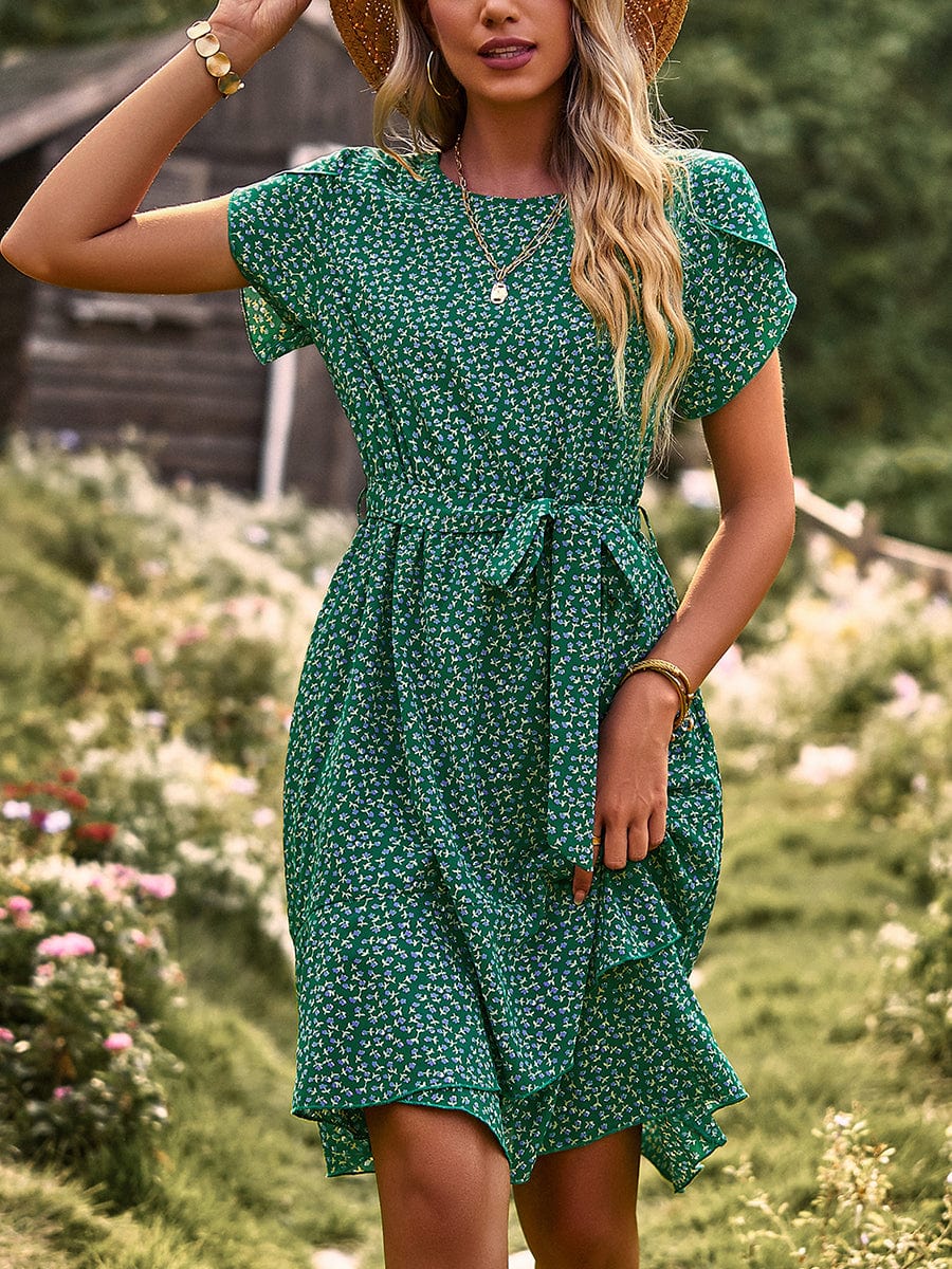 Temperament Floral Casual Strap Waist Round Neck Mini Dress - Image 43