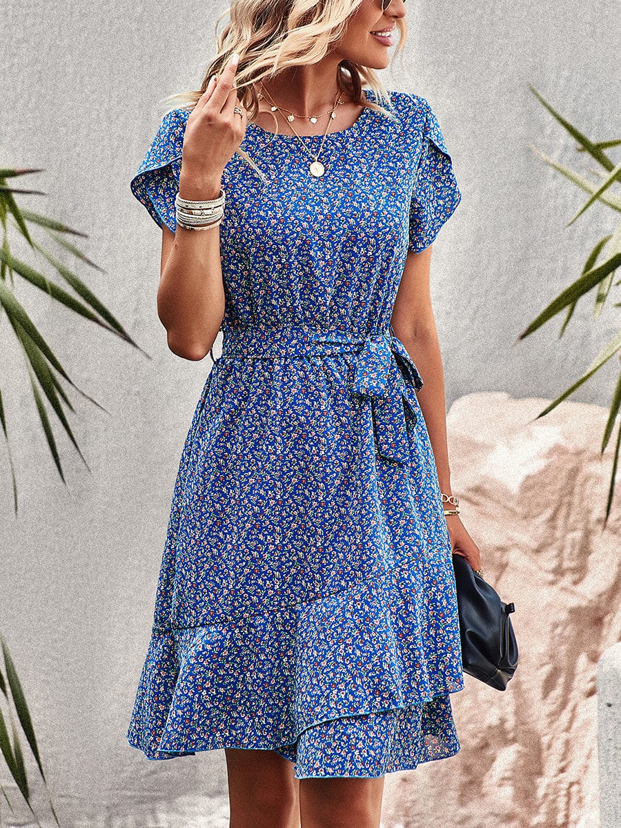 Temperament Floral Casual Strap Waist Round Neck Mini Dress - Image 22