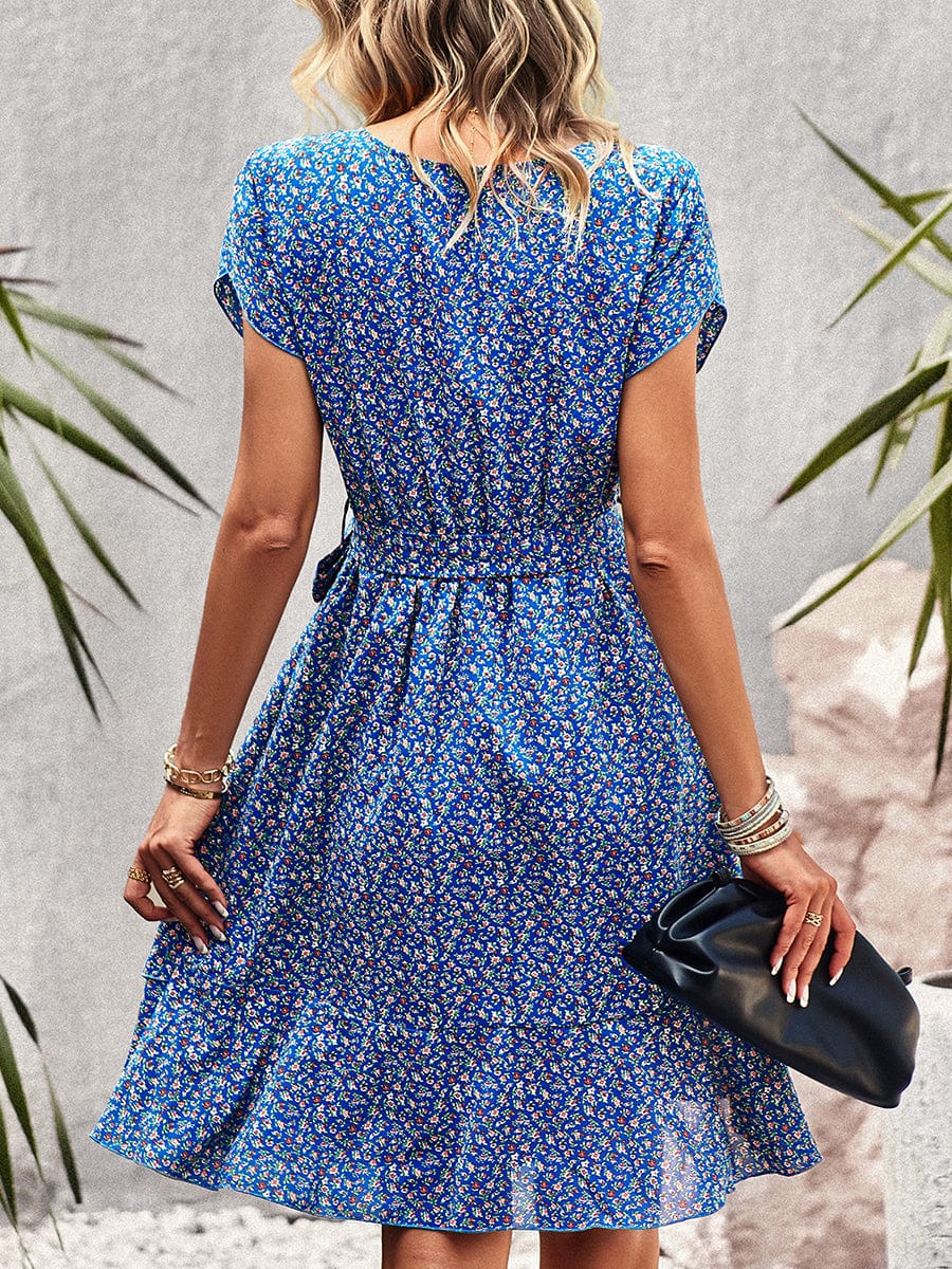 Temperament Floral Casual Strap Waist Round Neck Mini Dress - Image 18