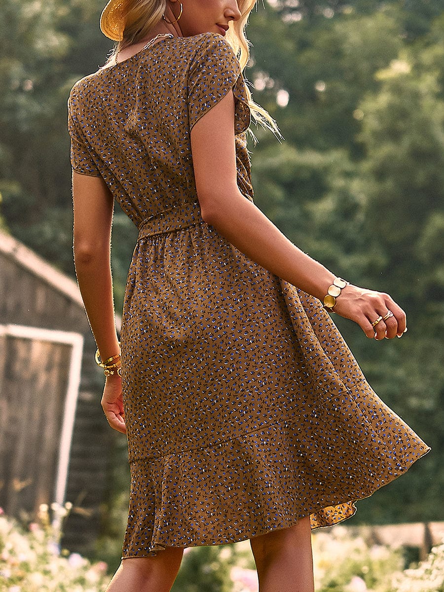Temperament Floral Casual Strap Waist Round Neck Mini Dress - Image 47