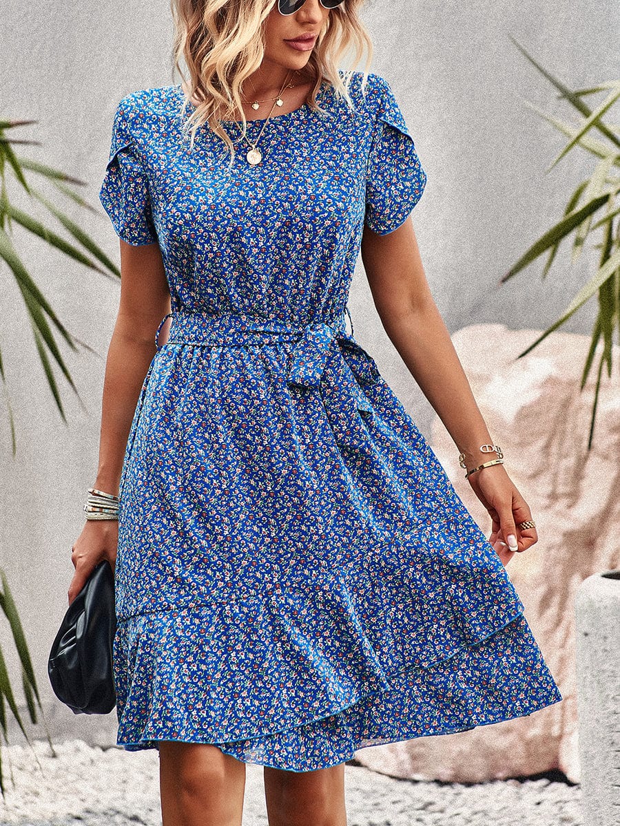 Temperament Floral Casual Strap Waist Round Neck Mini Dress - Image 20
