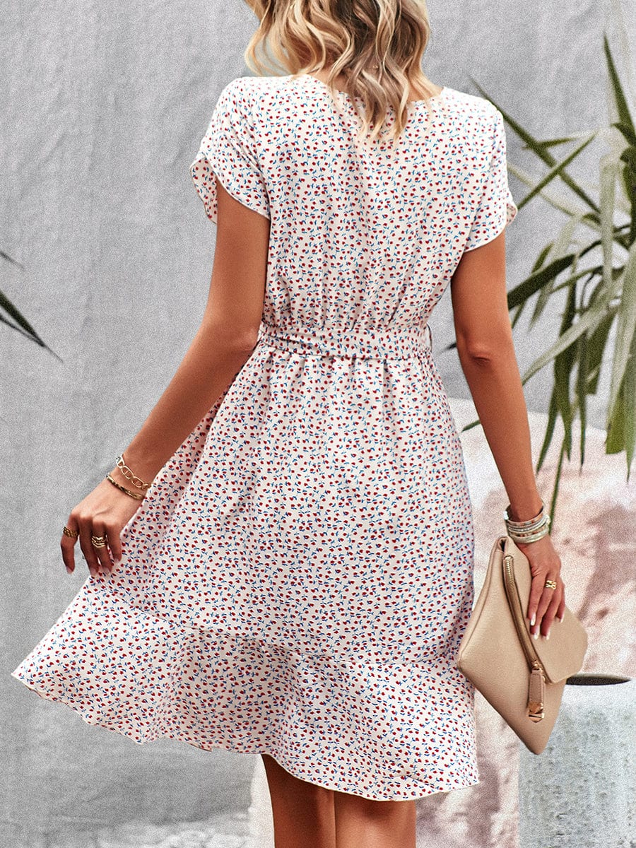 Temperament Floral Casual Strap Waist Round Neck Mini Dress - Image 4