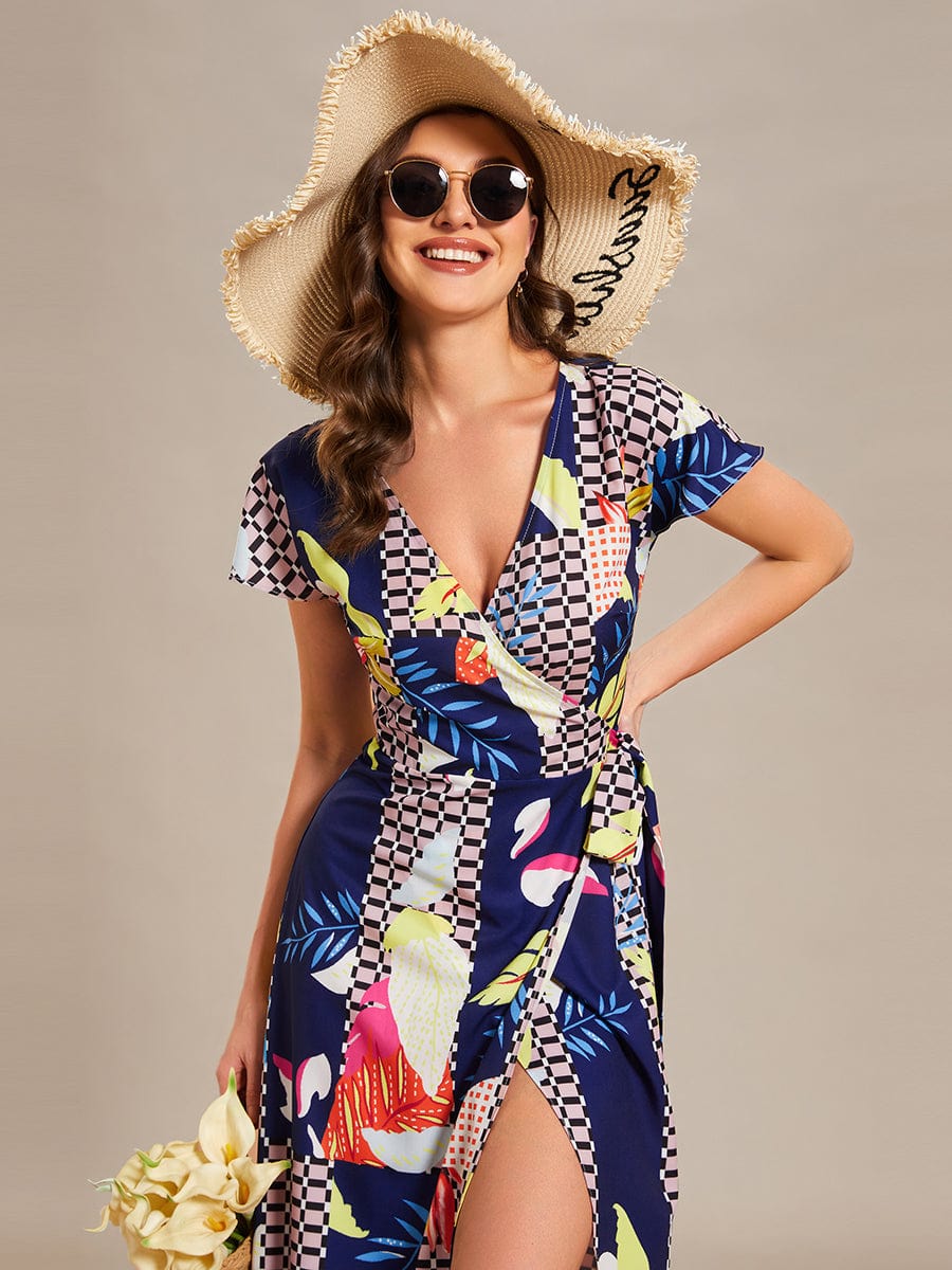 V-Neck Printed Cocktail Dress with Side Split - Image 25