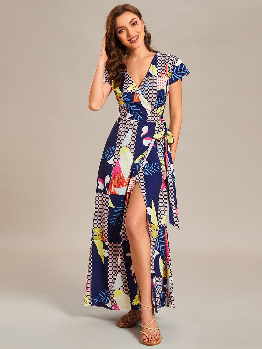 V-Neck Printed Cocktail Dress with Side Split - Image 26