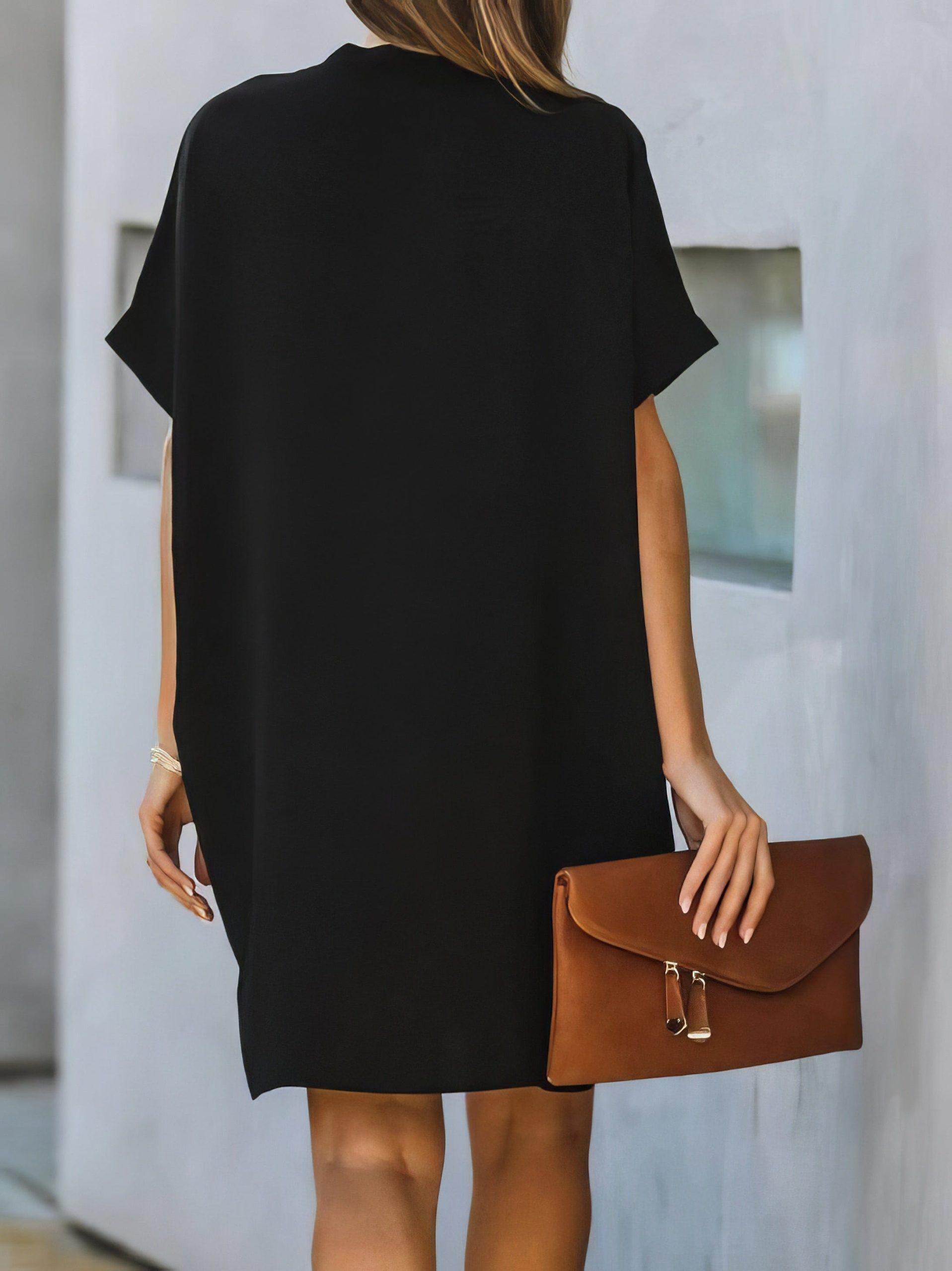 V-neck Short Sleeve Solid Color Loose Dress - Image 6